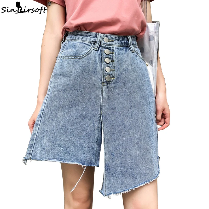 

Denim Women's Irregular Knee-Length Skirts Single Breasted Soild Jeans Skirt Female Loose Light Wash Cowboy Trousers Summer New