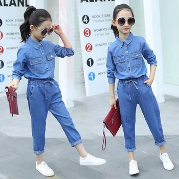 

Spring Autumn 2019 Baby Girls Clothing Set Kids Clothes Tracksuits Sport Suit Turn-Down Denim Children Casual 2PCS Girl Sets