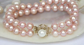 

free shipping 13402 Genuine 2row 7-8mm round pink pearl bracelet