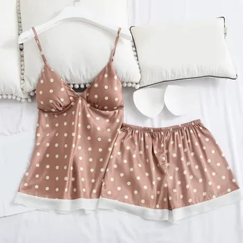 

2019 Womens Pajamas Set Satin Sexy Sling 2 Peices Sleepwear For Women Sleeveless Lace Underwear Homewear Set Pajamas Mujer 45%