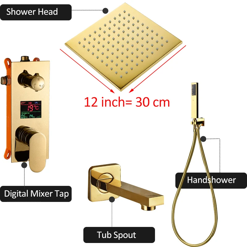 Quyanre золотые цифровой смесители для душа набор светодиодный осадков Насадки для душа Золотой 3-сторонний выход Цифровой температурный Дисплей смесителя излив на ванну душ - Цвет: 12 inch full set