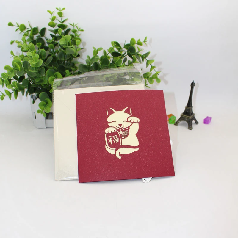  3D laser card Handmade Carving Blessed Lucky Lovely Japanese Fortune Cat Paper Invitation Greeting  - 32856986282