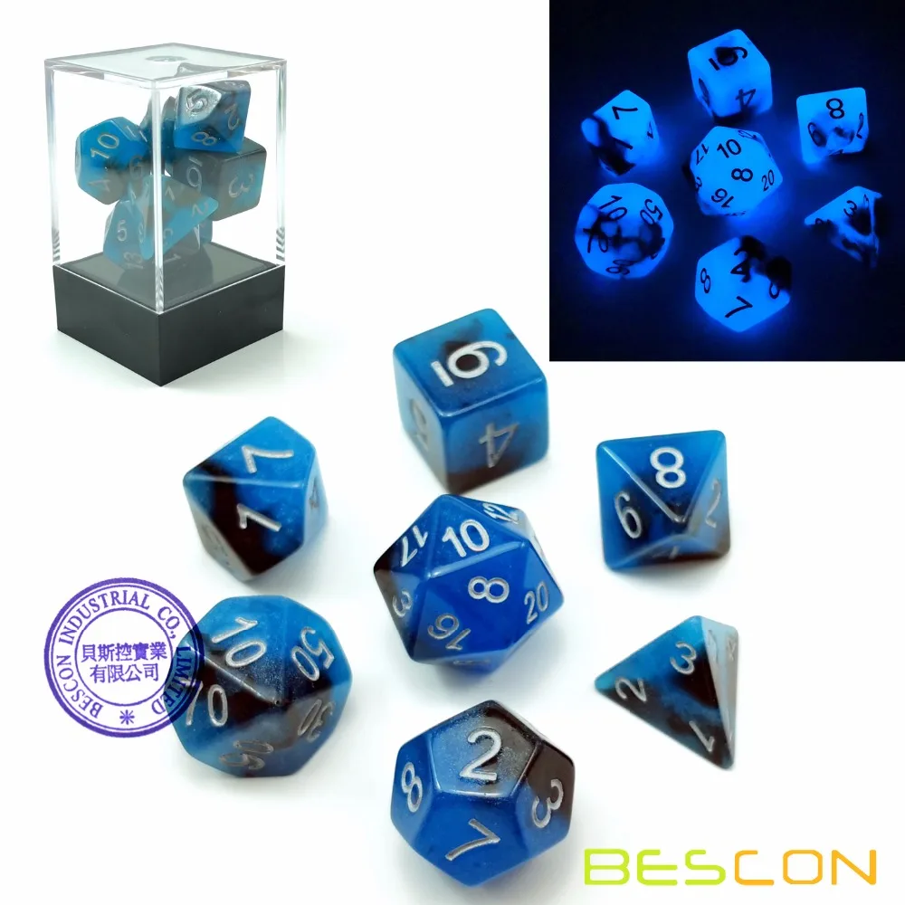 

Bescon Two-Tone Glow-in-the-Dark Polyhedral Dice Set BLUE DAWN, Luminous RPG Dice Set d4 d6 d8 d10 d12 d20 d% Brick Box Pack