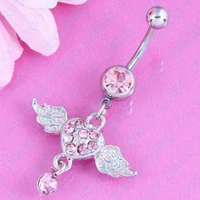 Piercing del vientre del ombligo anillo rosado del corazón del ala del cuerpo de moda cuelga del ombligo del bar accesorios 14 G de acero quirúrgico de níquel