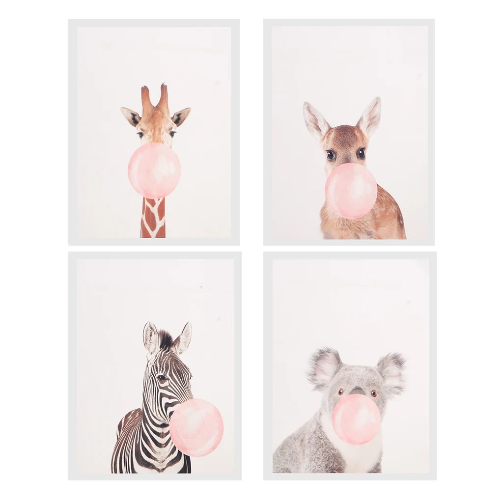 4 Panel Canvas Oil Print Painting Wall Hanging Picture Paint for Home Office Hotel Hallway - Animal Blow Bubble Gum
