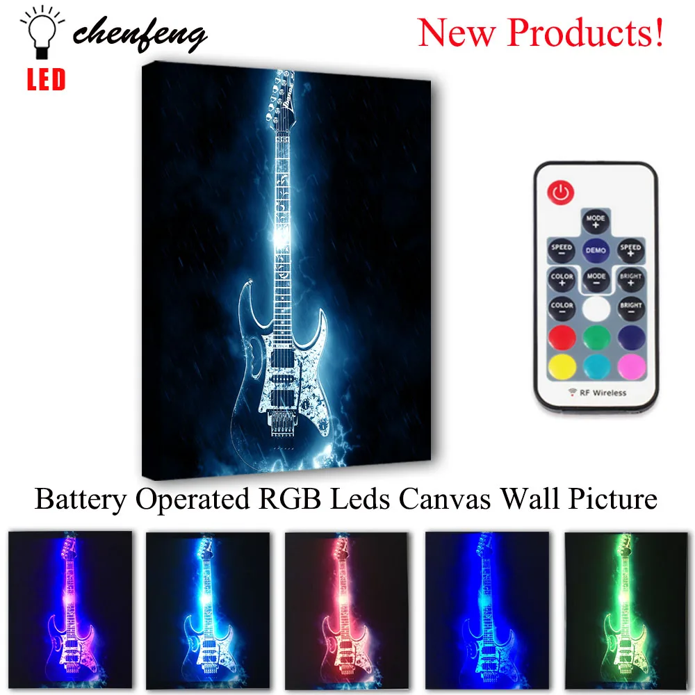 

Led Canvas Printing rock guitar music Wall Picture Remote control Illuminate painting light box print and poster decorative gift