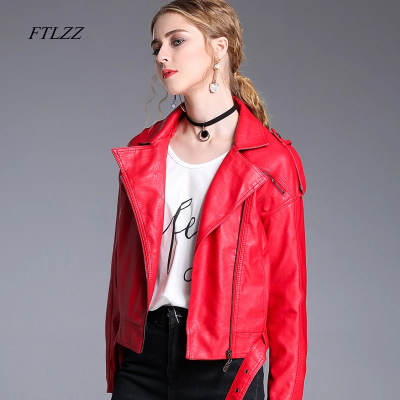 Ftlzz Pu Leather Jacket Women Washed Vintage Red