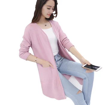 

Long Knitted Sweater Coat 2018 New Korean Cardigans Slim Loose Women Sweater Plus Size Solid Color Casual Pockets Sweater YP1062