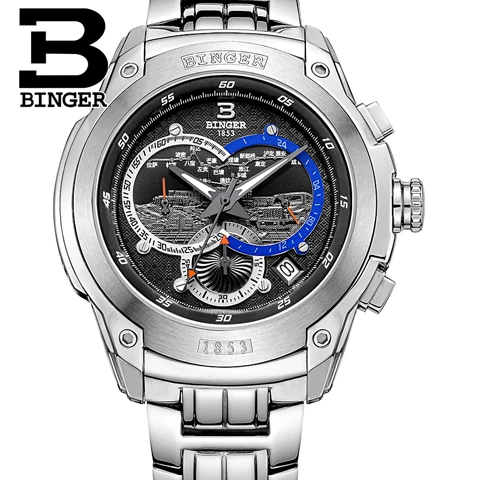 Швейцарские часы мужские роскошные Брендовые Часы Бингер кварцевые мужские часы полностью из нержавеющей стали с хронографом Diver glowwatch B6013-3 - Цвет: Item 3