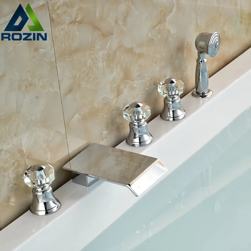 Luxury 3 Cristal Handles Waterfall Spout Bathtub Shower Faucet Deck Mount Bathroom Tub Filler in Chrome