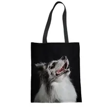 Бесшумный дизайн Холщовая Сумка в хозяйственных сумках бордюр колли сумки для женщин животные собака узор черные сумки-тоут студентов Донна на заказ