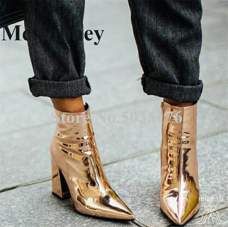 

2019 European Fashion Solid Gold Bling Pointed Toe High Hoof Heel Mid-Calf Short Boots Zip Cover Heel Spring/Autumn Women Shoes