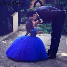 Длинное ярко-синее платье принцессы Золушки с цветочным узором для девочек бальное платье с открытыми плечами, пышное фатиновое платье-пачка, детское платье для первого дня рождения