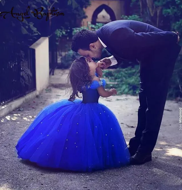 

Long royal blue Princess Cinderella Flower Girl Dress Off the shoulder Ball Gown puffy tulle tutu baby first birthday party gown