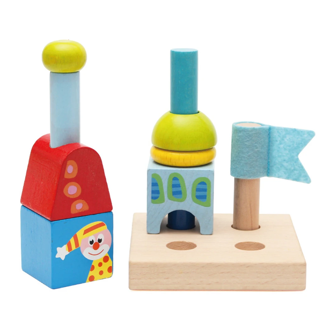 Wooden Rainbow Construction Building Block Desktop Assembly Cognitive Shape Color Toys