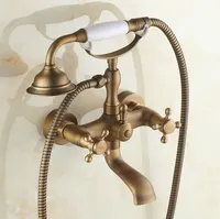 Antique Brass Wall Mount Telephone Euro Bath Tub Faucet Mixer Tap w/ Handheld Spray Shower Ntf150 1