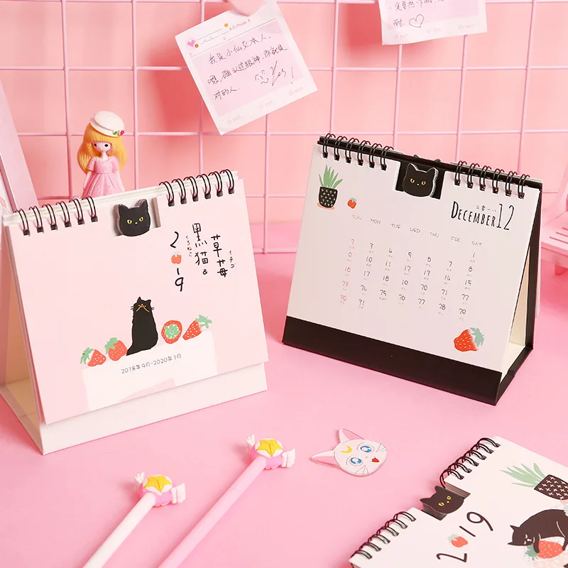 

2019 Creative Black Cat Strawberry Calendar DIY Table Calendars Desk Calendar Daily Schedule Planner 2018.09~2019.12
