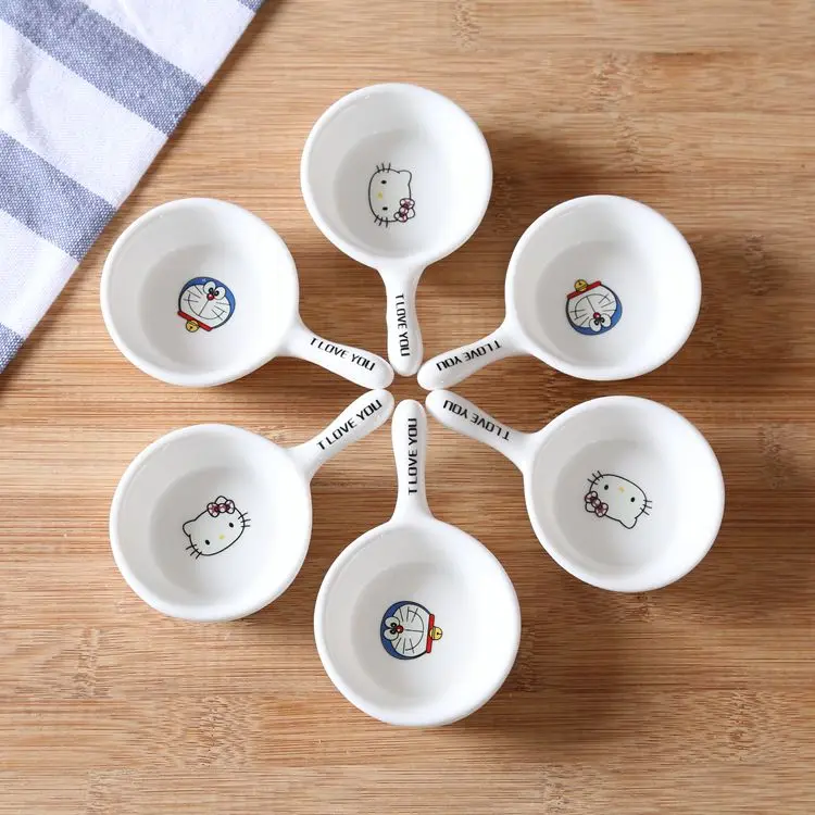 

5 Pcs Small Size Home Kitchen Ceramic Cartoon Doraemon Soy Sauce Seasoning Dish Small Plates With Handle