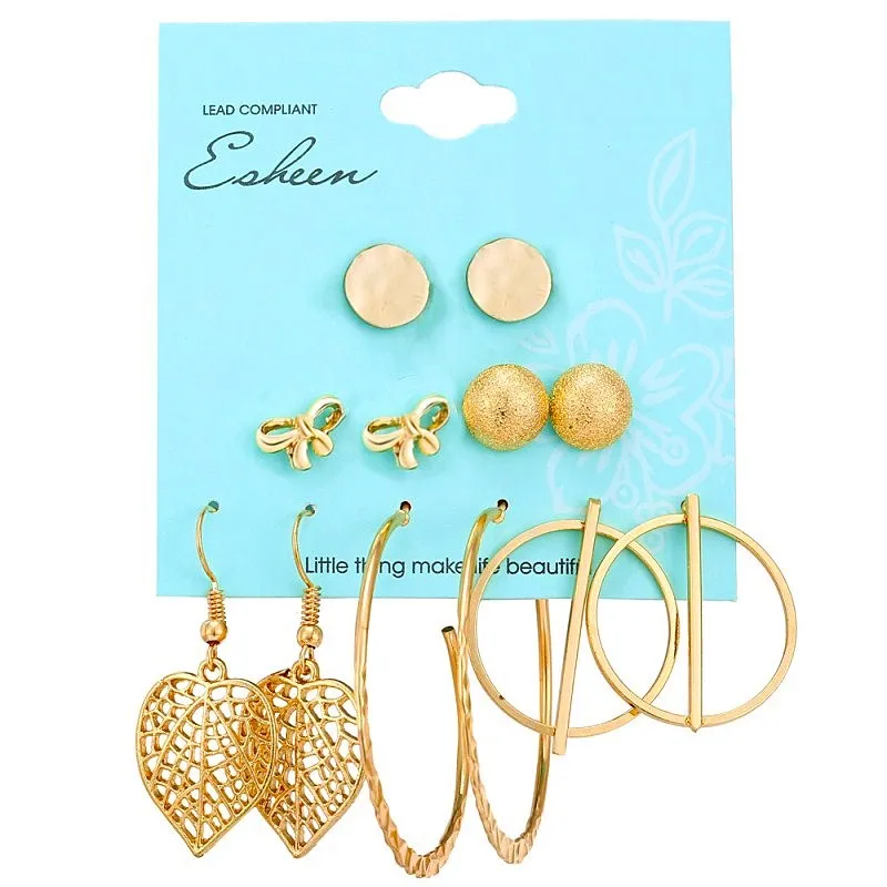 

6 Pairs/Set Women Big Round Leaf Stud Earrings Set Gold Bowknot Piercing Geometric Bead Earrings Party Jewelry Gift Hot Sell