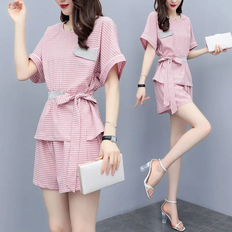 

Fashion Plaid Suit Female Casual Two-piece Shorts O-Neck Tunic Shirts Top + Wide Leg Pants Office Ladies Work Pant Suits