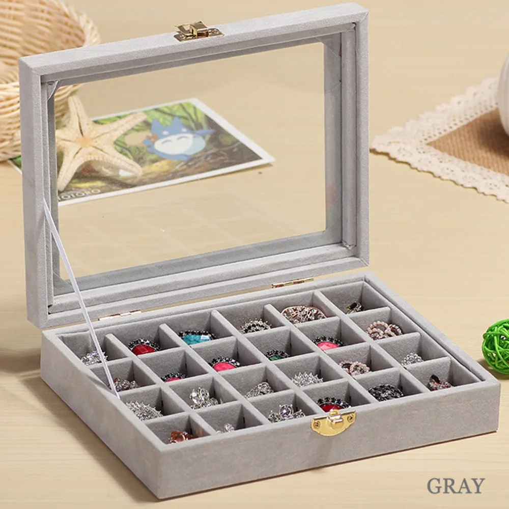 

New 24 Slots Velvet Women Desk Jewelry Storage Box Portable Ring Necklace Jewelry Carrying Case Women Home Storage Supplies