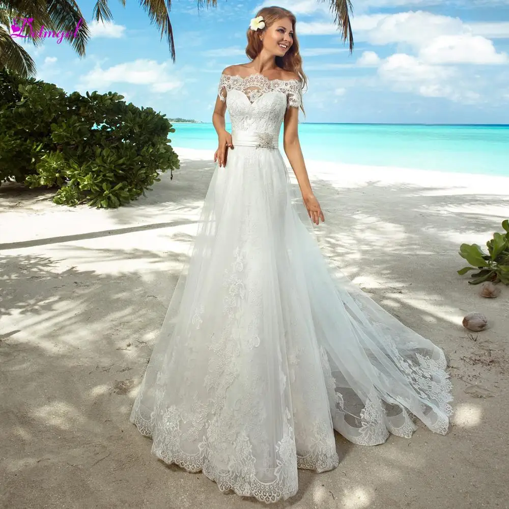 

Glamorous Boat Neck Appliques A-Line Wedding Dresses 2020 Luxury Crystal Sashes Off the Shoulder Princess Bridal Gown Plus Size