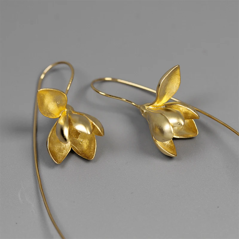 Lotus Fun Real 925 Sterling Silver Handmade Designer Fine Jewelry Elegant Magnolia Flower Dangle Earrings for Women Brincos