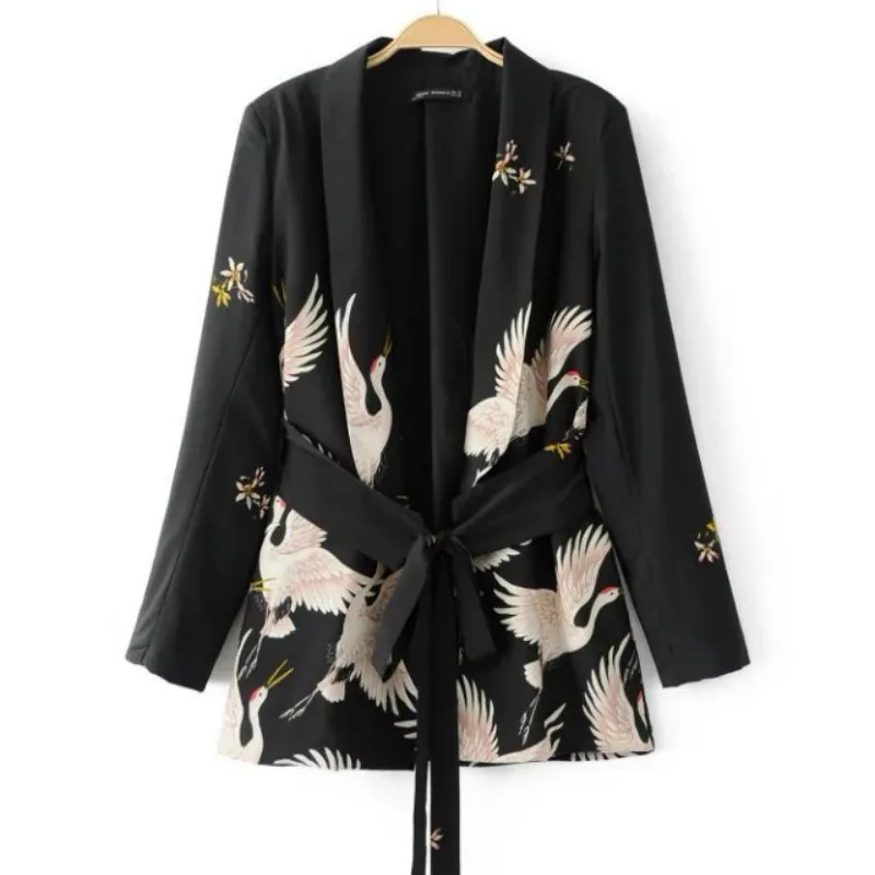 2019 New  Womens Suits Black Autumn  Blazer Set Printing Lace-up Street Fashion Nine-point Wide-leg Trouser Belt