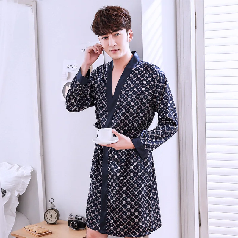 2018 New men's summer long-sleeved spring autumn sleepwear thin silk bathrobe silk kimono summer cardigan home wear nightgowns