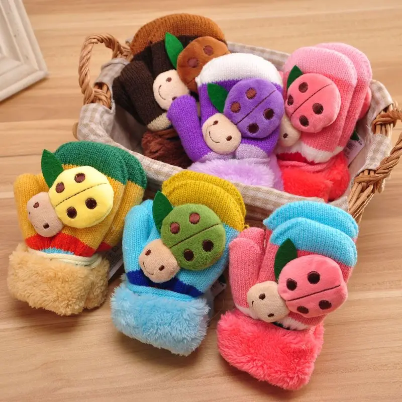 

2019 fashion cute baby boy girl warm children gloves winter new beetle double plus velvet men and women baby lanyard wool gloves