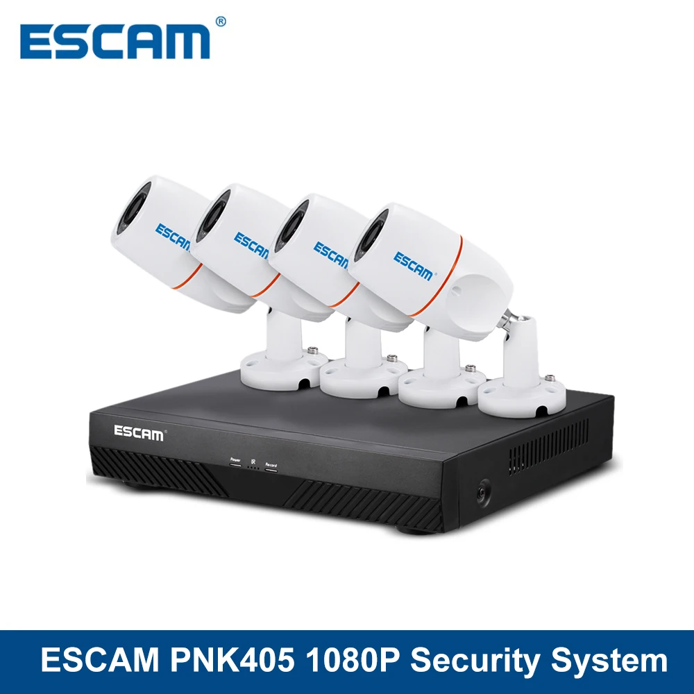 ESCAM PNK405 HD 1080p 4CH POE NVR Security System With Motion Detector Alarm Record ONVIF IP66 Waterproof IR Bullet Camera |