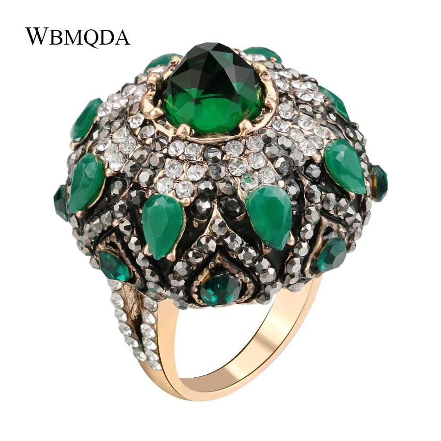 

2018 New Luxury Vintage Crystal Wedding Rings For Women Green Natural Stone Gold Color Flower Crown Ring Boho Turkish Jewelry
