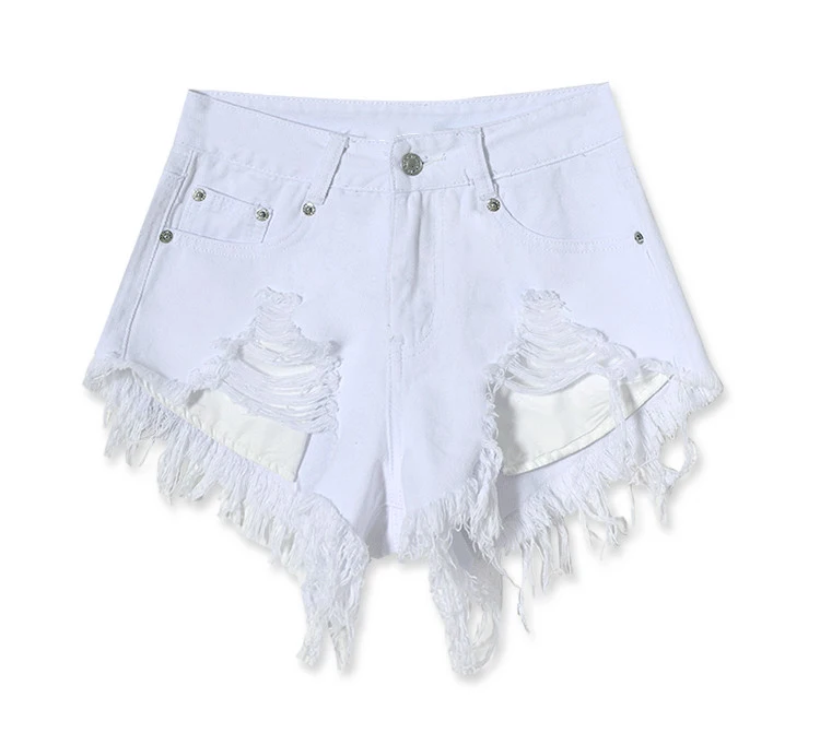  2017 Best Selling Women Pure White High Waist Slim Grinding Patch Holes Irregularly Exposed Jeans Pants Sexy Girl Denim Shorts (8)_