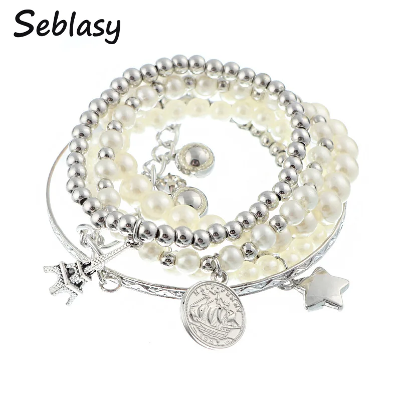 

Seblasy Vintage Bohemian Big Statement Multi Layer Beads Star Eiffel Tower Coin Simulated Pearl Bracelets & Bangles for Women
