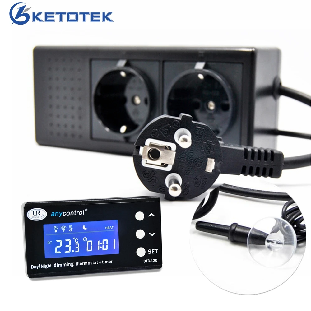 

Digital Thermostat Temperature Controller Timer Day/night Reptile Dimming Thermostat Two Relay Output With EU Plug Outlet