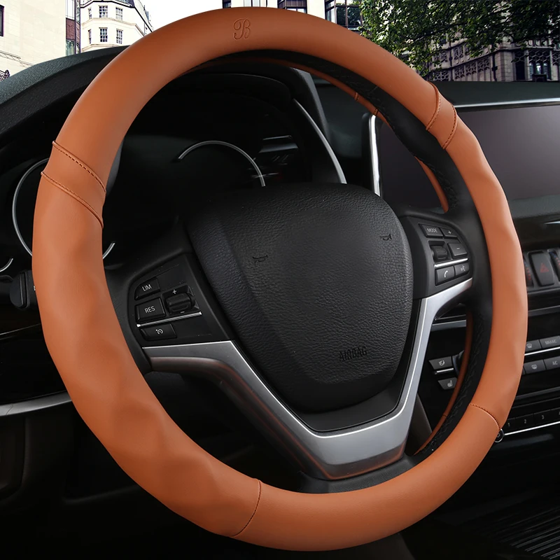 

KKYSYELVA Car Sport Steering Wheel Cover Leather Auto Steering Covers Universal 38CM wheel covers Car Inter Accessories