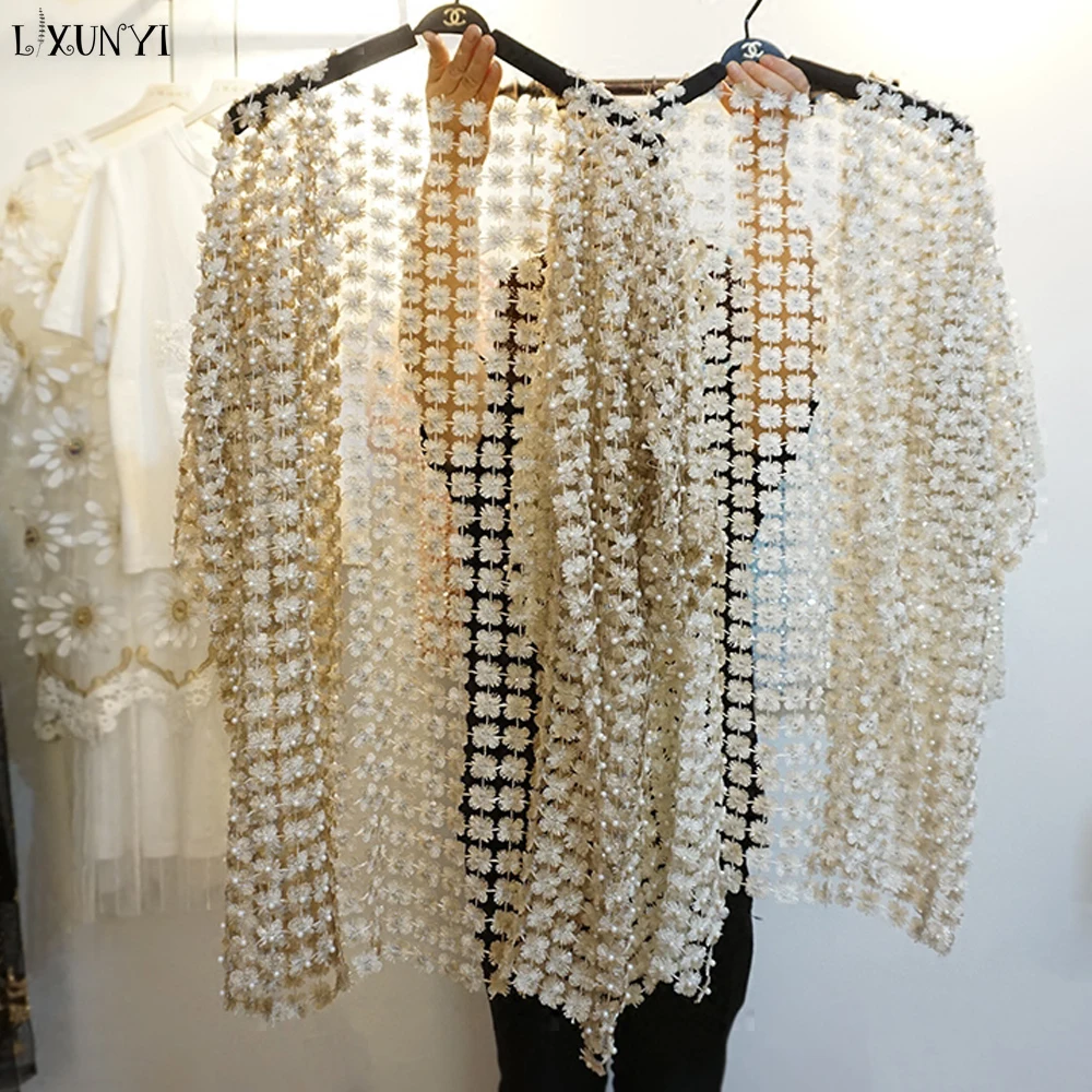 

LXUNYI Women Long Cardigans Female Beaded Fashion Hollow Out Runway Cardigan Coat and Jackets Beach Sweaters Plus Size