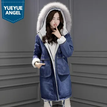 

Real Fox Fur Hooded Denim Coats Warm Thick Coats Winter Fur Lining New Fashion Long Sleeved Free Shipping Women Slim Fit