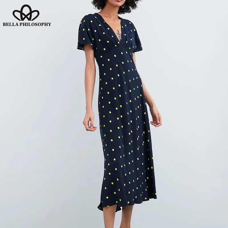 

Wonder Summer Short Sleeve Long Maxi Dress Vintage Polka Dot Female V-Neck Dress Casual Street Wear Lady Print Dress 2019 new