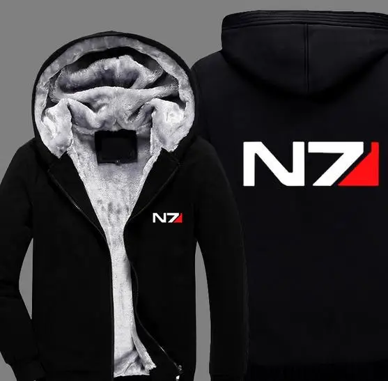Разноцветный, дополнительно зимние Для мужчин/Для женщин толстовки с капюшоном и с принтом «Mass Effect» N7 Косплэй Топы плотная куртка на молнии Верхняя одежда& пальто с капюшоном Костюмы - Цвет: Черный