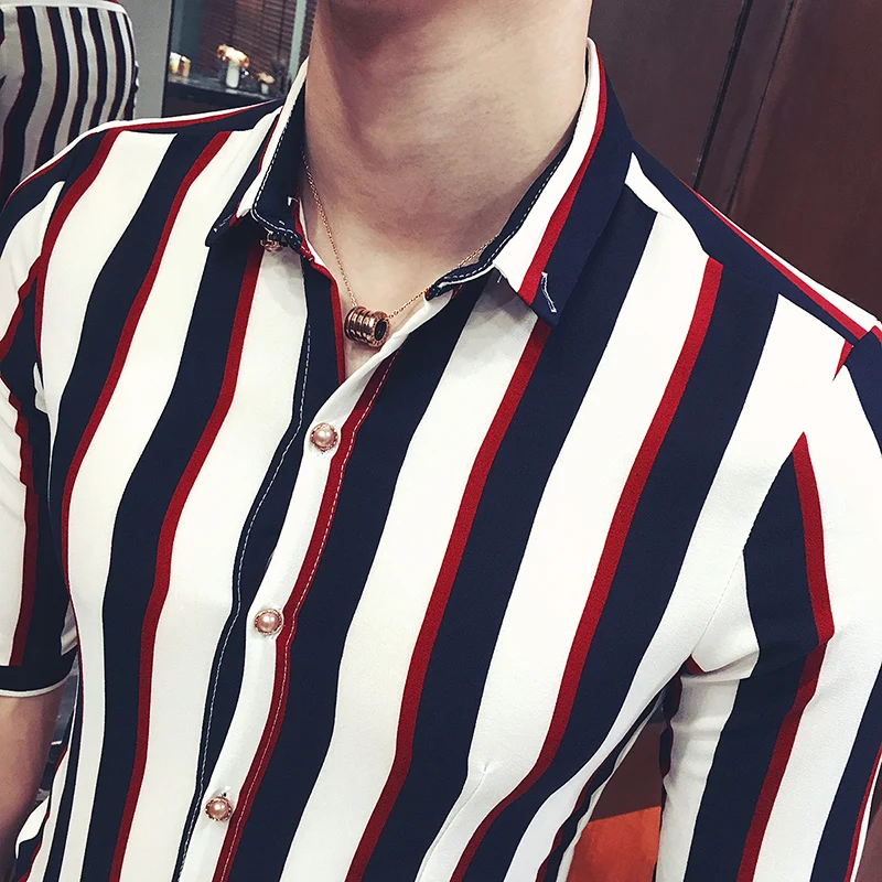 2019 New Cool Summer and Spring Men's Fashion Striped Boutique Elastic Casual Short-sleeved Shirts