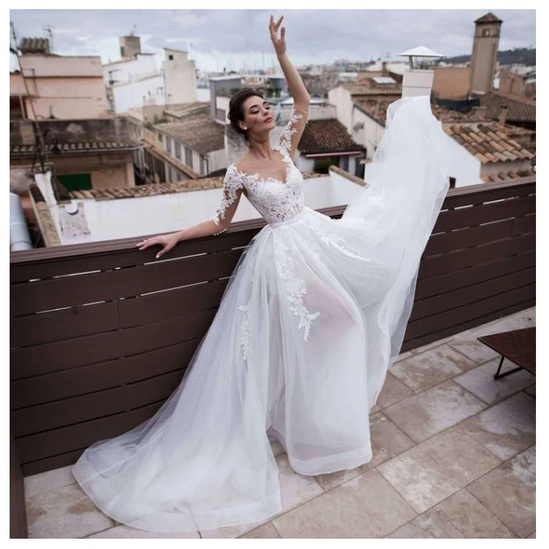 Lorie 2019 Beach Wedding Dress Scoop Appliqued Detachable Train