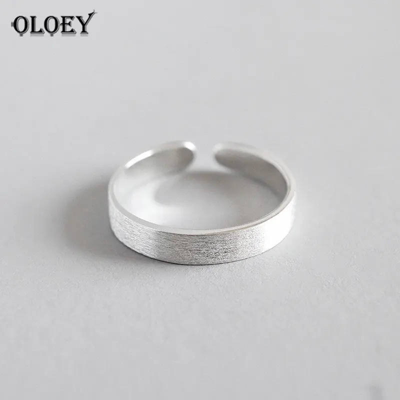 

OLOEY 100% Real S925 Sterling Slver Adjustable Rings for Women Personality Simple Plain Brushed Opening Ring Fine Jewelry YMR567