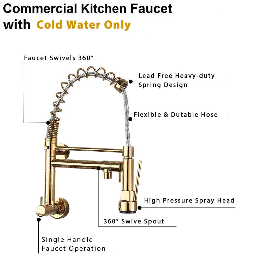 Black Bronze Kitchen Faucet One Handle Cold Water Tap for Kitchen Wall Mounted Single Hole Pull Down Swivel Spout Faucet