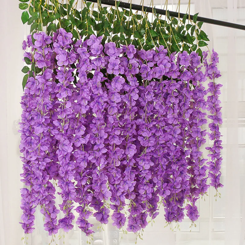 

New Encrypted 12pcs/lot Artificial Silk Wisteria Flower Vines hanging Rattan Bride flowers Garland For Home Party Wedding Decor