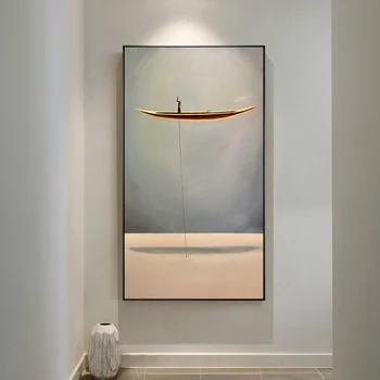 

New Chinese Style Gold Boat Canvas Poster Natural Landscape Abstract Painting Print Wall Art Pictures For Living Room Home Decor