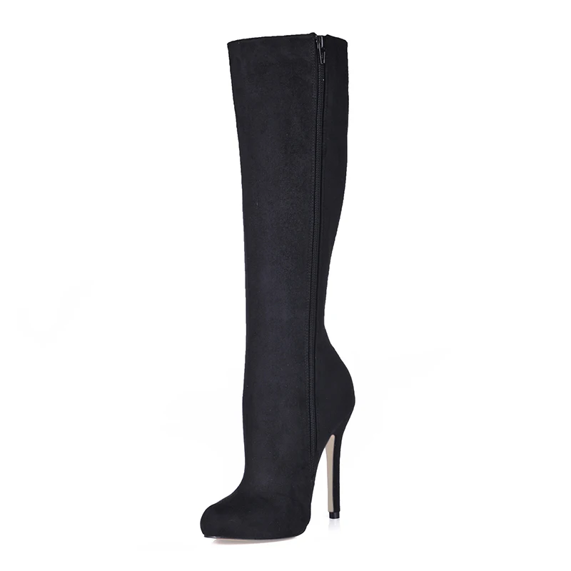 Kcenid/ г. Новые Модные женские зимние ботинки пикантная обувь на высоком каблуке 12 см женские теплые плюшевые сапоги до колена черный цвет, большие размеры 35-43