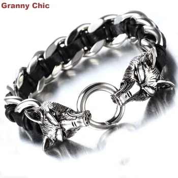 

Granny Chic New Arrive Jewelry for Men Silver Stainless Steel Link Chain Two Wold Head Black Genuine Leather Bracelet