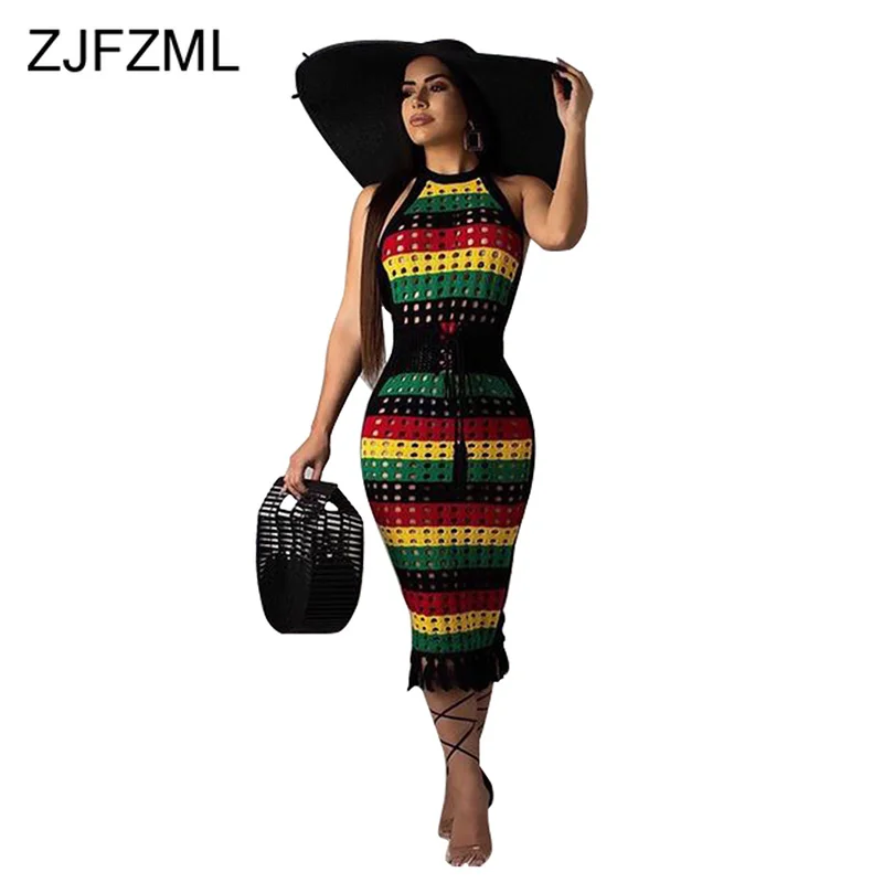 

Rainbow Striped Sexy Bandage Dress Women Off Shoulder Hollow Out Bodycon Dress Summer Halter Backless Tassels Club Party Dress