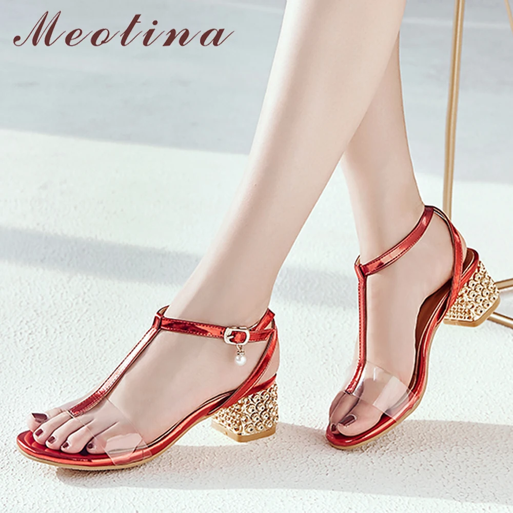 

Meotina Women Sandals Summer Shoes Transparent Block Heels T-Strap Shoes Buckle Open Toe Party Sandals Female Red Big Size 33-43